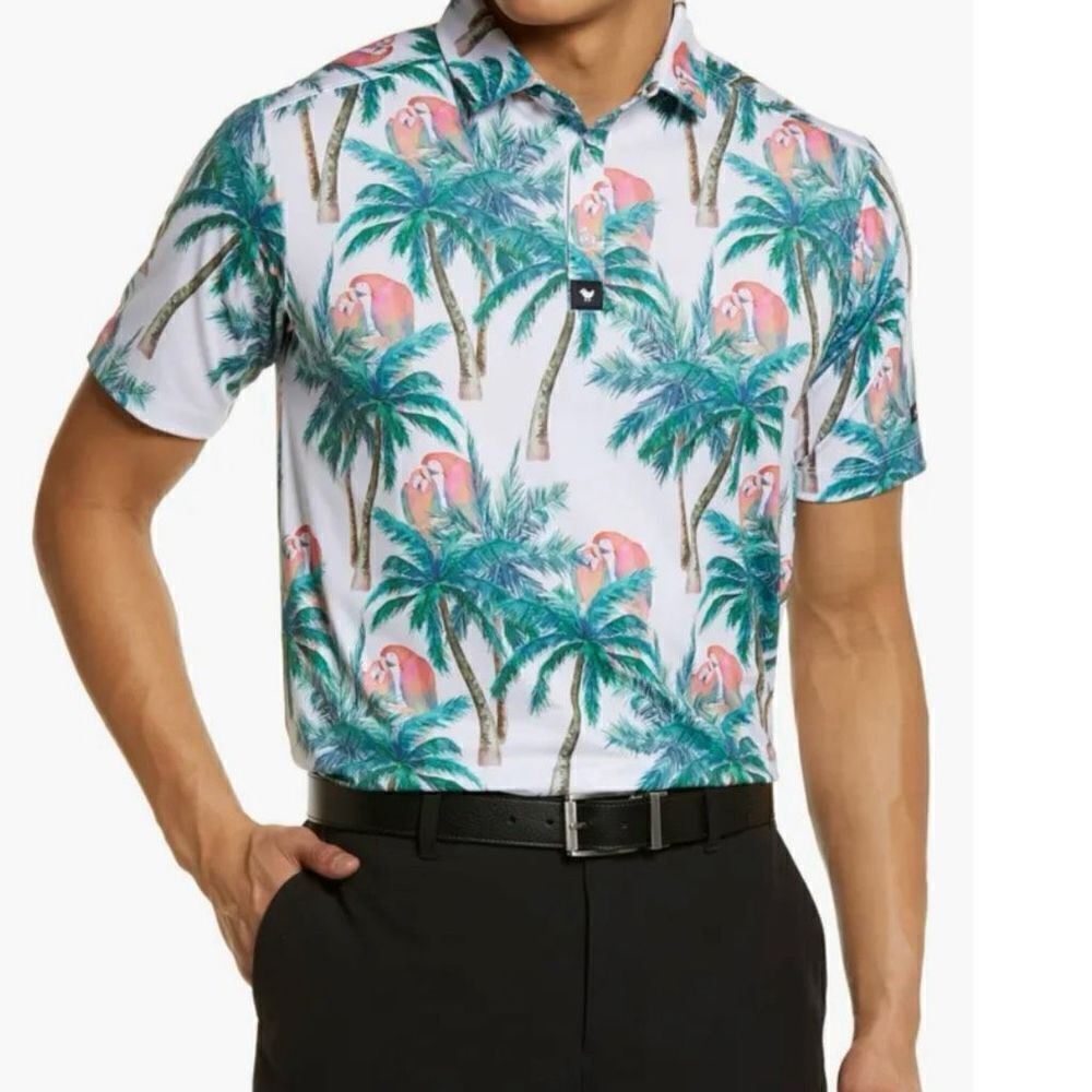 Bad Birdie Island Hopper Print Short Sleeve Polo White Green Tropical Parrot XL
